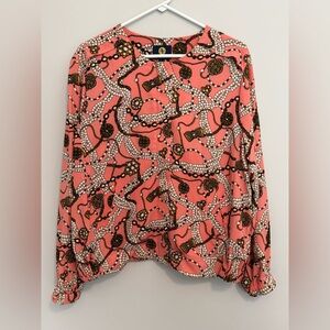 Adrienne Vittadini Women’s Coral Pink Zipper Scarf Print Blouse Top Size L